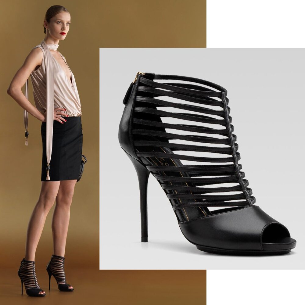 GUCCI SHOES INGA BLACK LEATHER STRAPPY CAGED HIGH HEEL SANDALS sz 37.5 7.5
